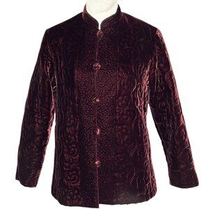Vintage 90s Burgundy Plum Quilted Velvet Asian Jacket Size XL